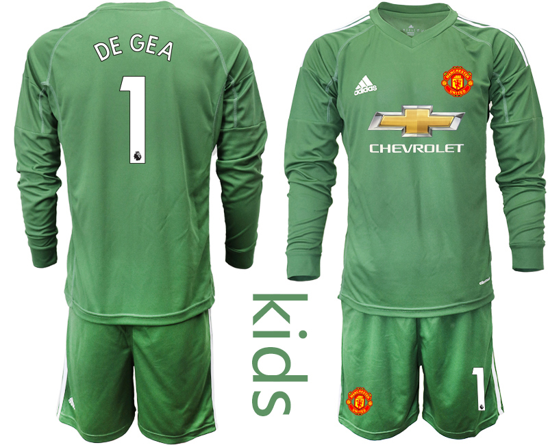 Youth 2020-2021 club Manchester United green long sleeved Goalkeeper #1 Soccer Jerseys